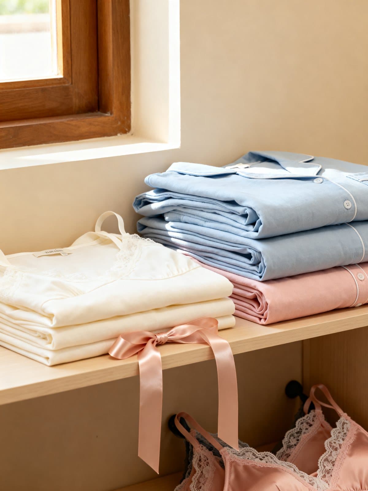 Imagen de ambiente: pijamas y lencería doblados sobre una balda de madera, en tonos crema, azul y rosa